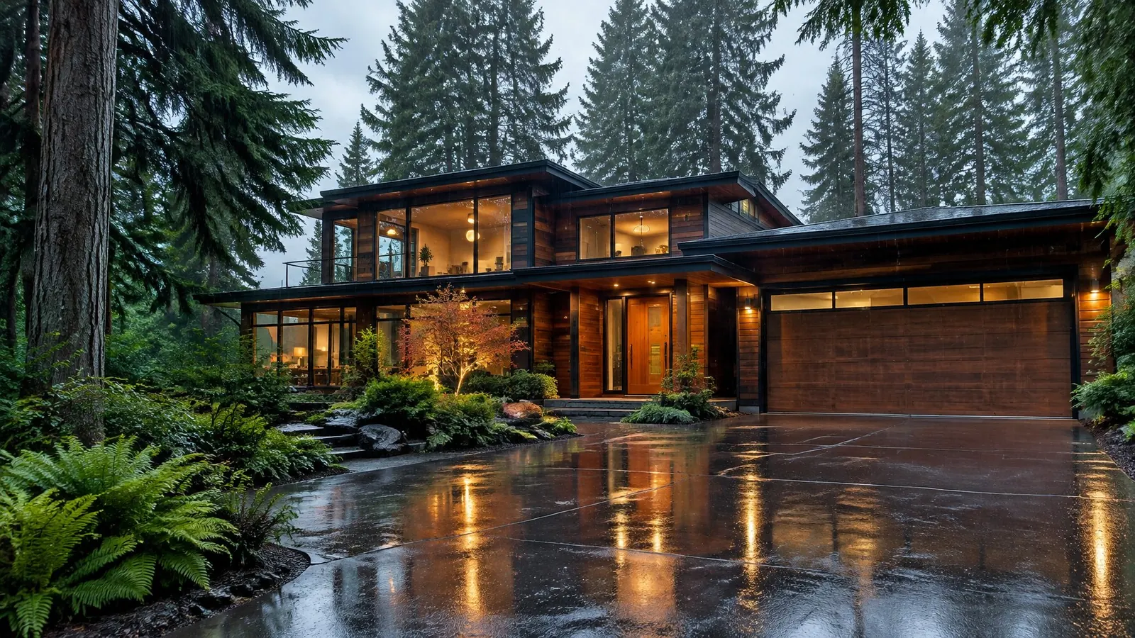 Modern cedar-sided home among Douglas firs in steady rain, warm lights reflecting on the wet driveway